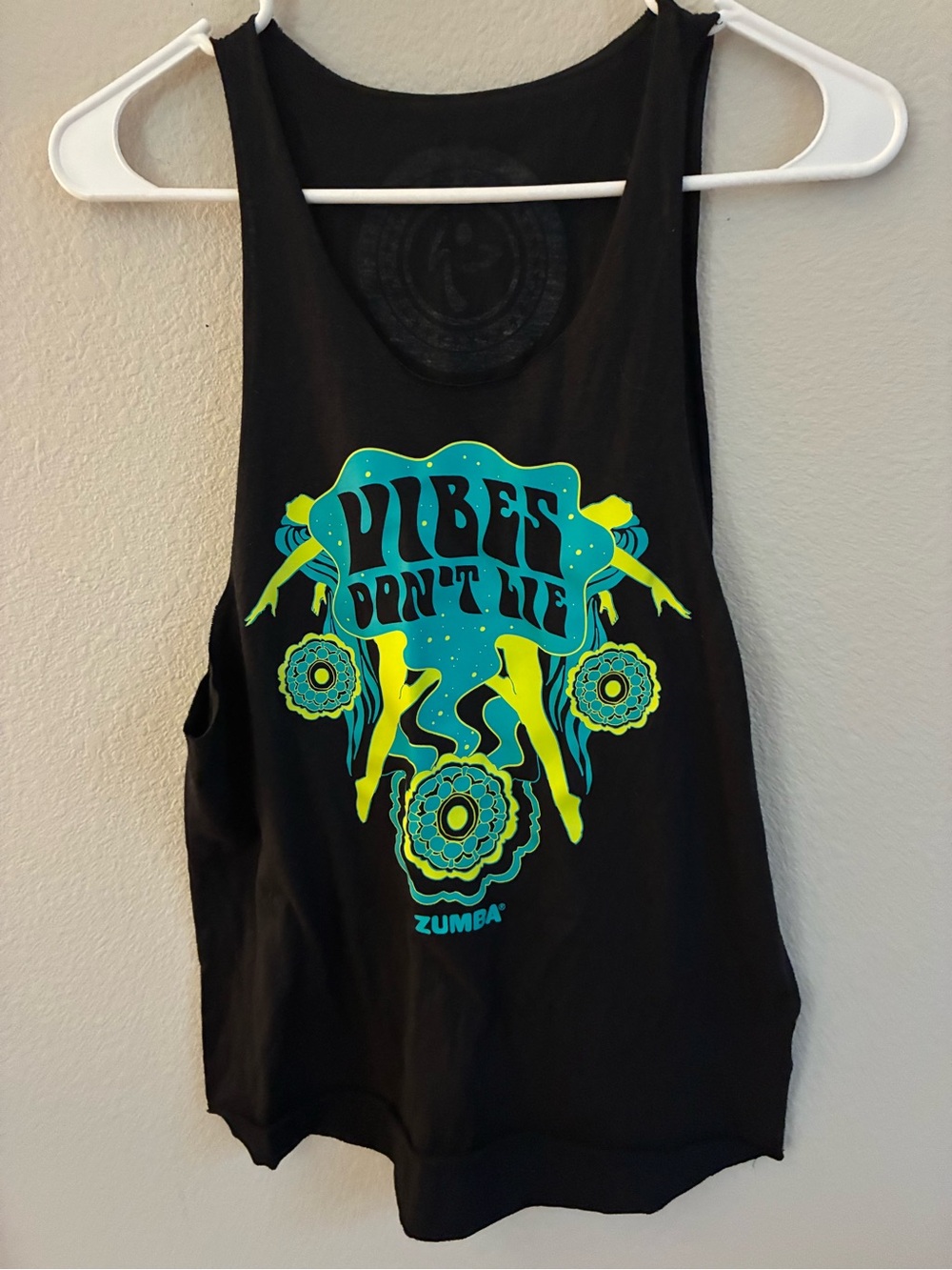 Zumba Fitness Black Tank with Neon Teal & Lime Graphic